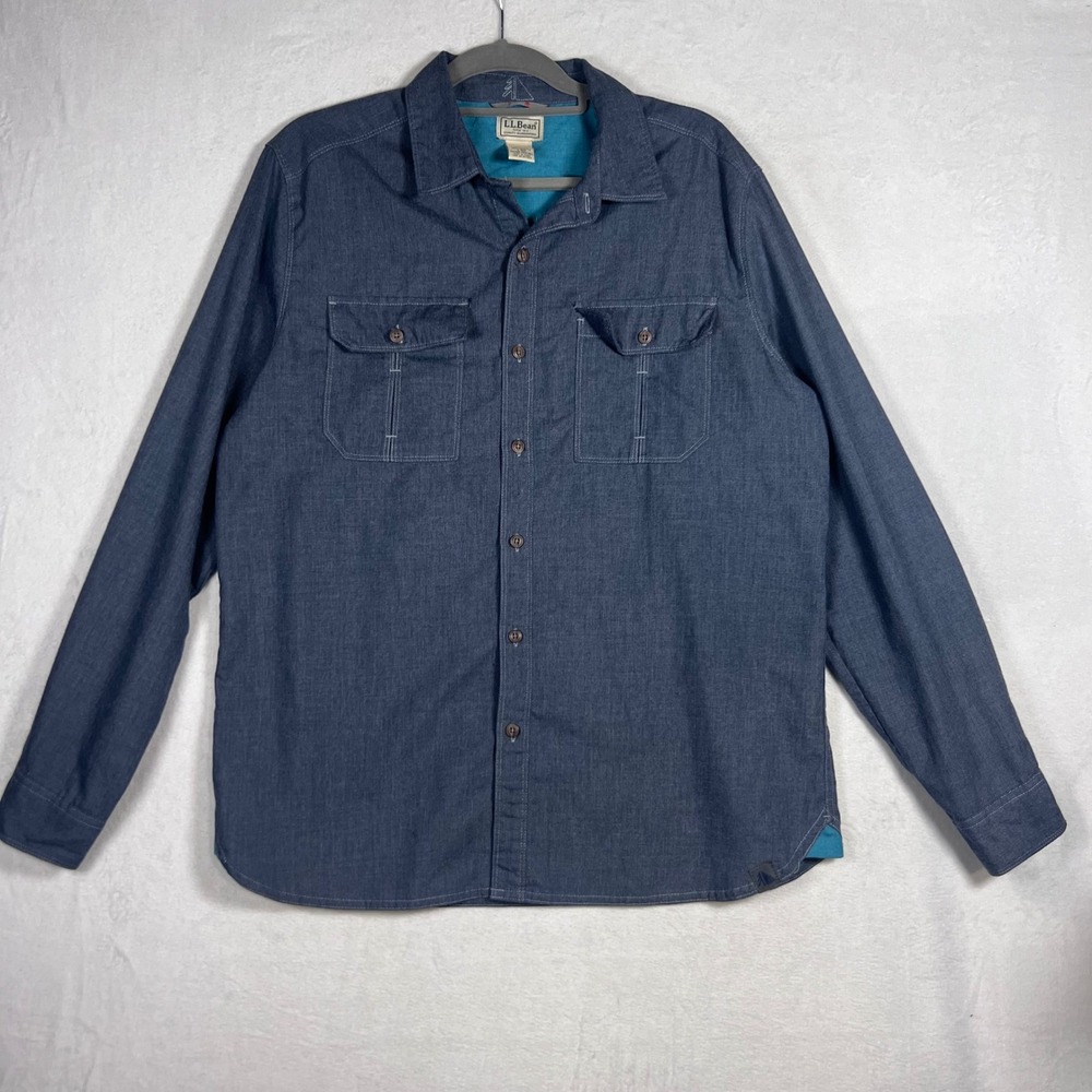 LL Bean Mens Large Blue Polyester Button Down Shirt Long Sleeve 294362